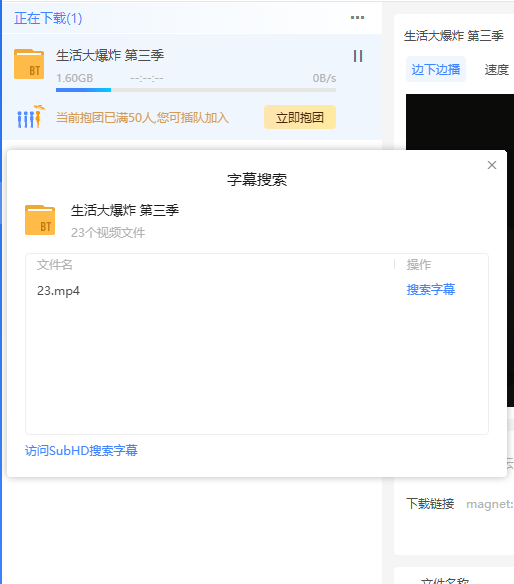 迅雷11下载一个种子内的多个视频，右键只能搜索一个视频的字幕